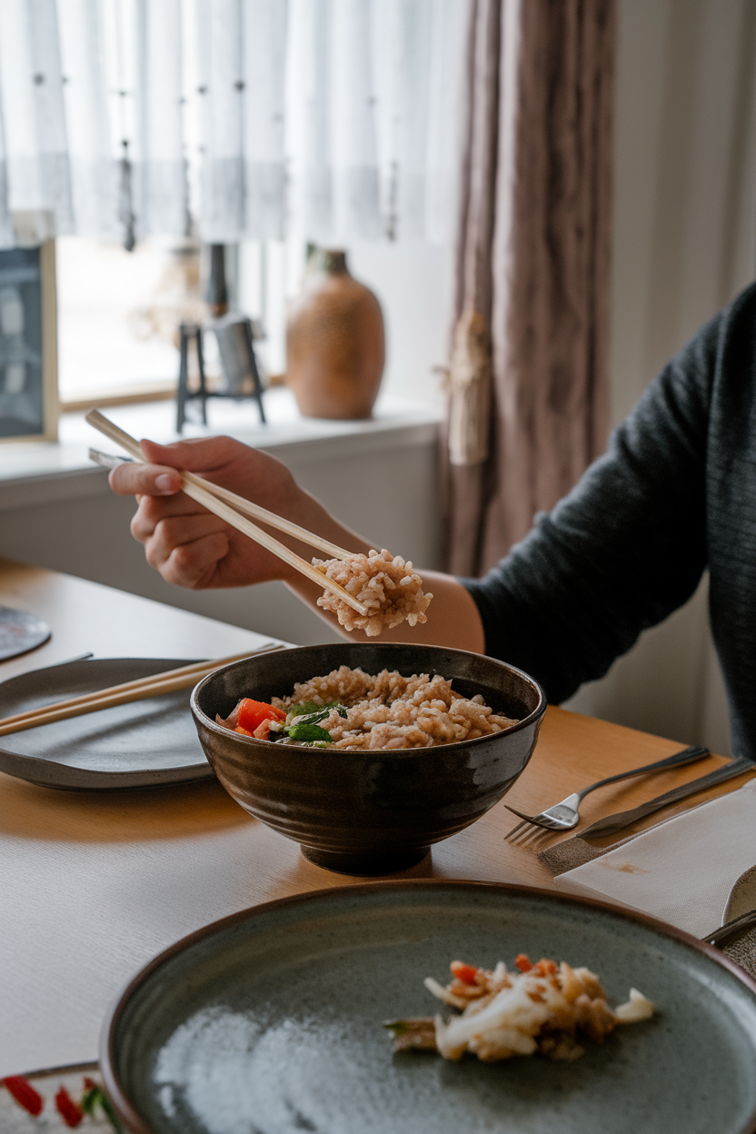 A person holding chopsticks over a bowl of brown rice and vegetables, pausing mid-bite at an indoor dining table; no text or logos; photo