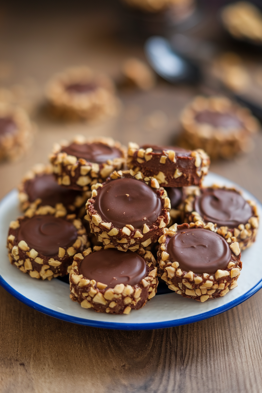 Indoor plate featuring small round chocolate cookies sandwiched with hazelnut spread, edges rolled in chopped hazelnuts. Photo, no text or logos.