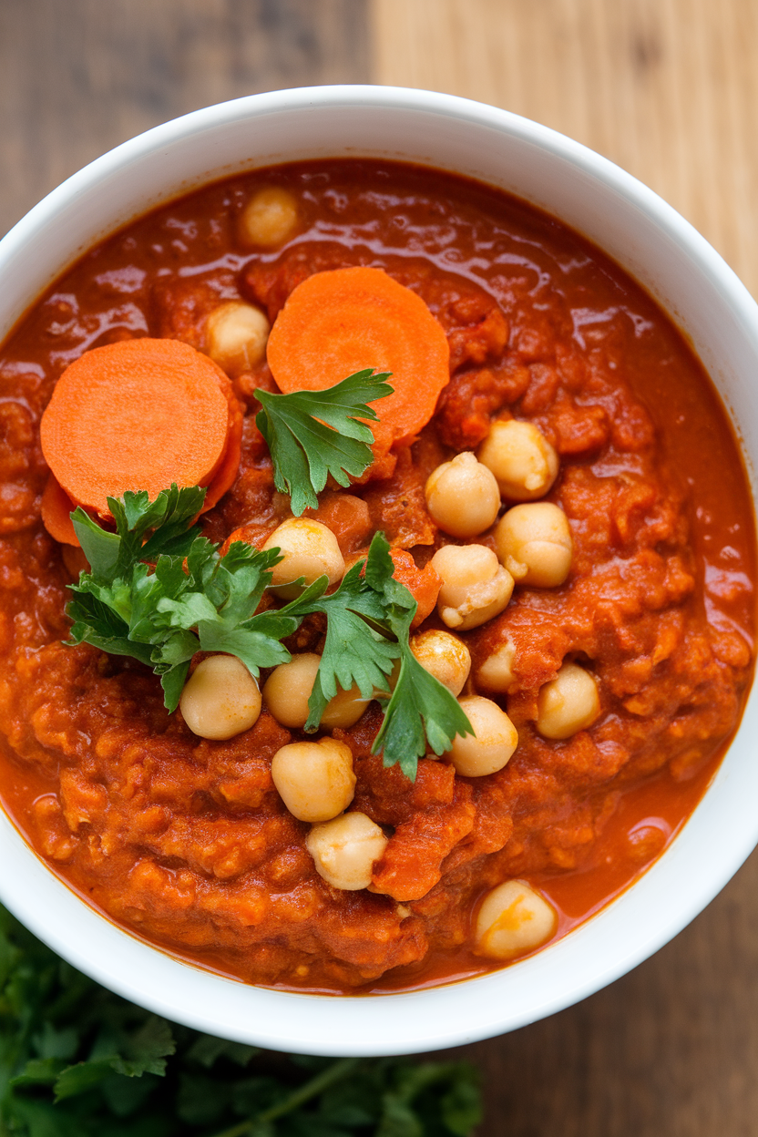 Indoor photo of bright red harissa chili with chickpeas and carrot coins, parsley sprinkle; no text or logos.