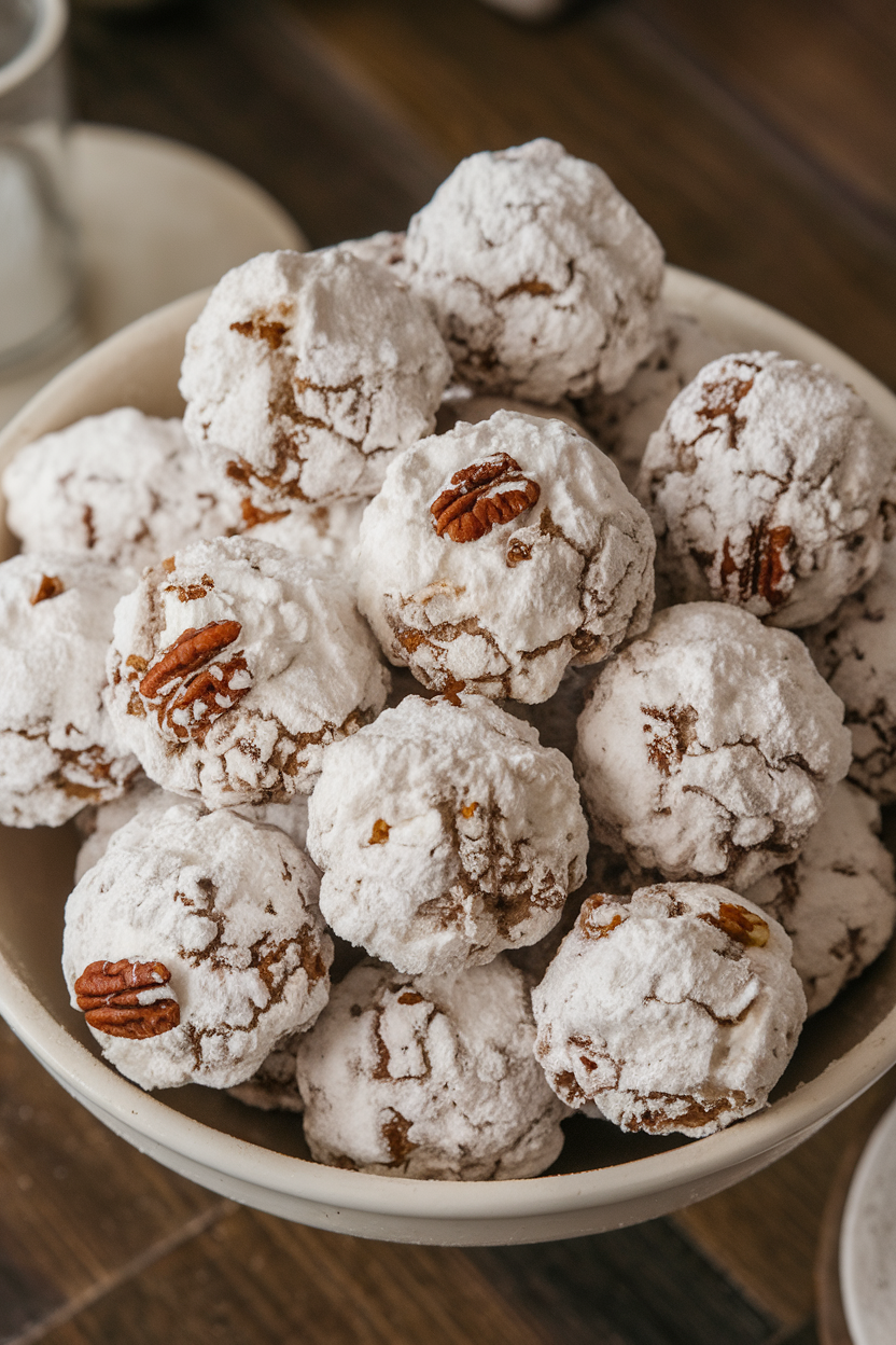 Indoor bowl filled with snowball cookies coated in powdered sugar, pecan pieces visible in the crumb; no text or logos. Photo, not illustration.