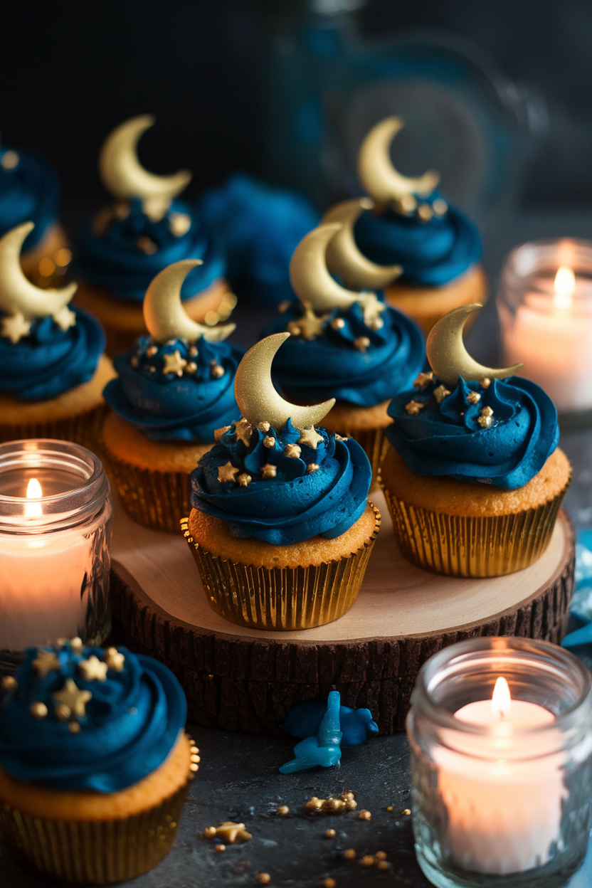 Photo of indoor candlelit spread with cupcakes frosted in deep midnight blue and sprinkled with gold stars and crescent moons, no text or logos.