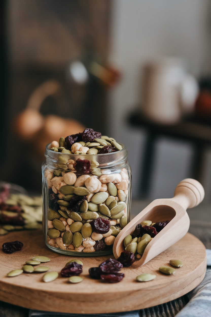 Indoor jar filled with a mix of raw nuts, pumpkin seeds, and unsweetened dried cherries, wooden scoop nearby; no text or logos, photo style.