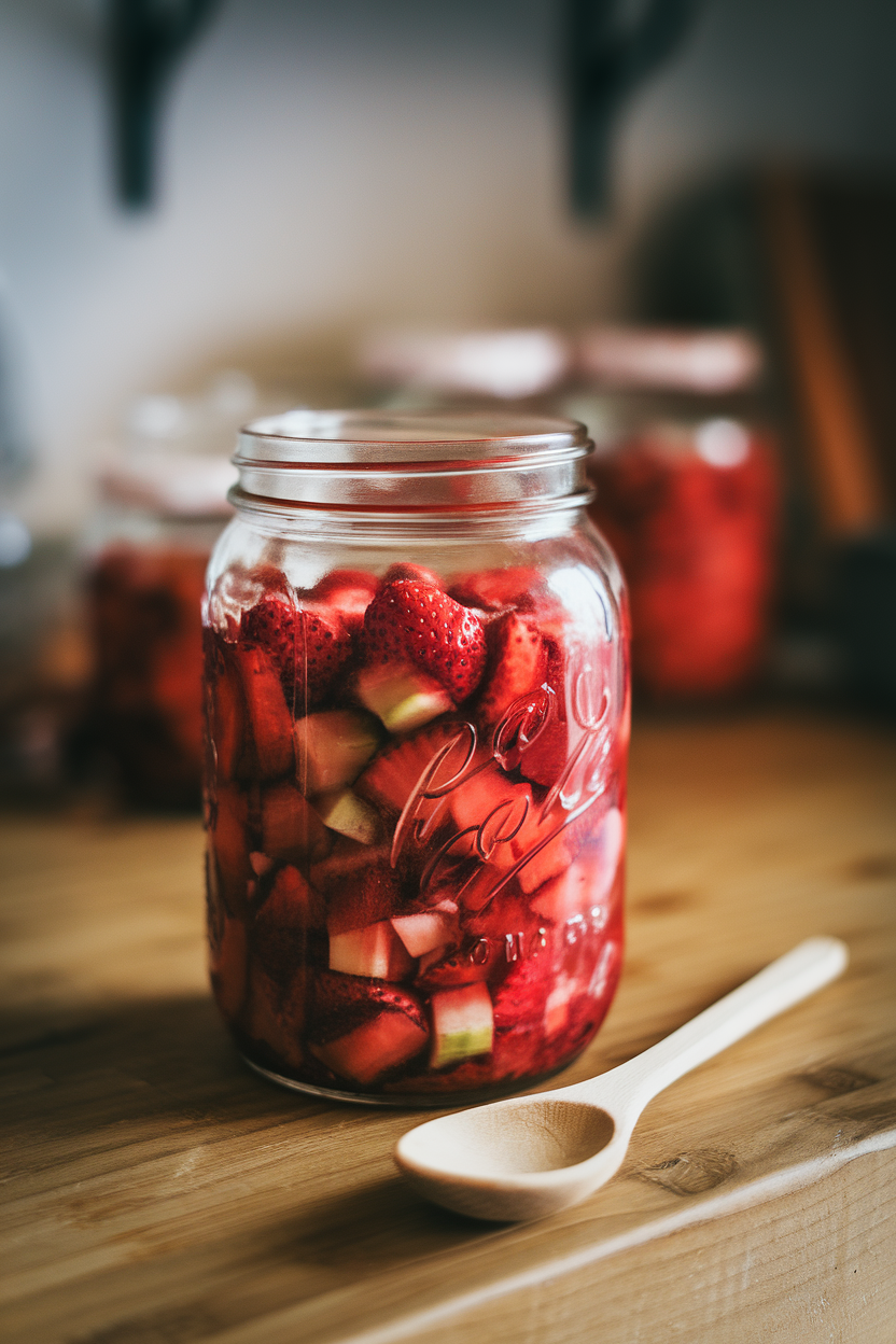 Indoor jar filled with cooked strawberry-rhubarb compote, spoon resting beside it on a wooden counter. No logos or text in view.