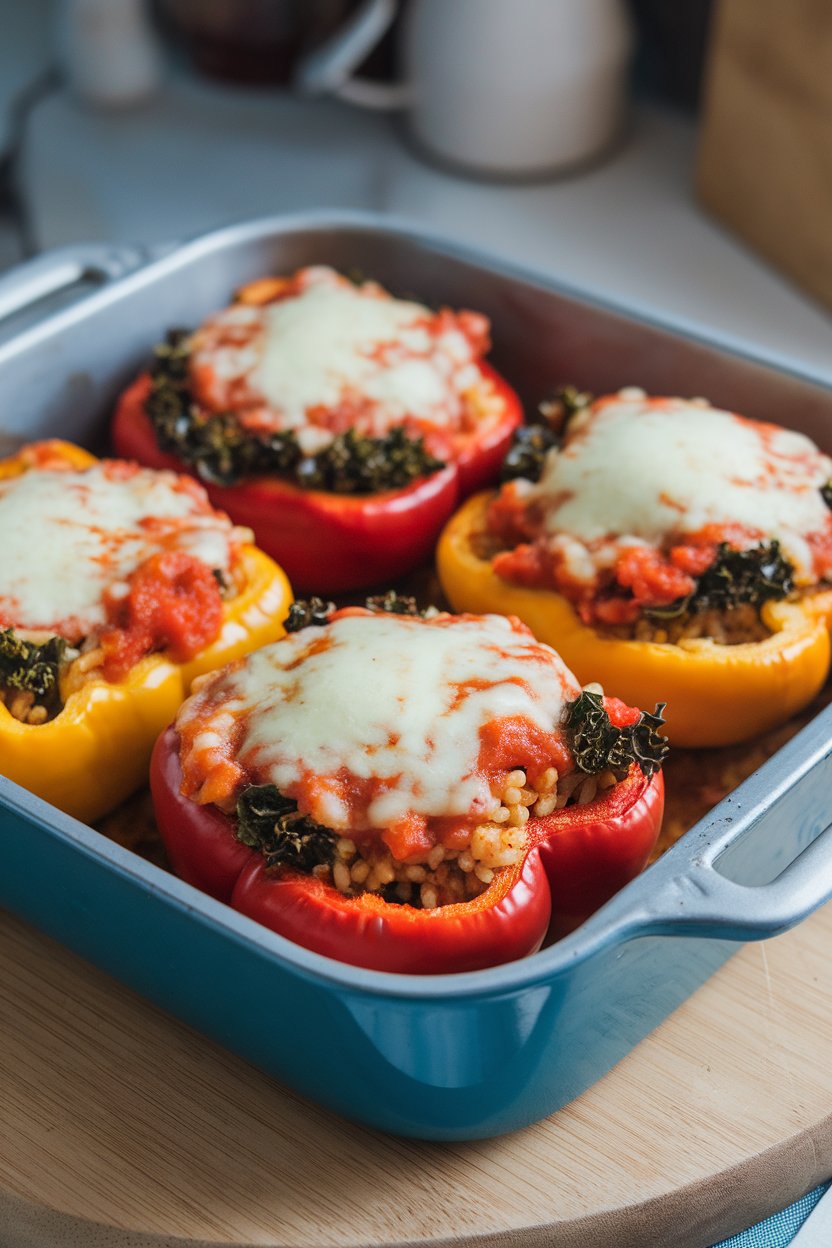 An indoor baking dish with bell peppers filled with turkey, kale, brown rice, and tomato sauce, melted cheese on top. No text or logos; photo only.
