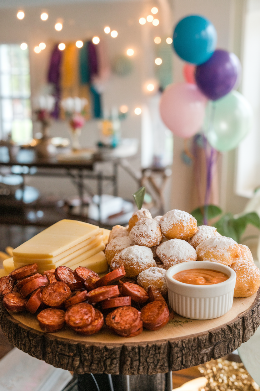 Indoor party scene with a wooden platter of cooked andouille slices, pepper jack cheese, mini beignets dusted in powdered sugar, and remoulade sauce; no logos or text visible.