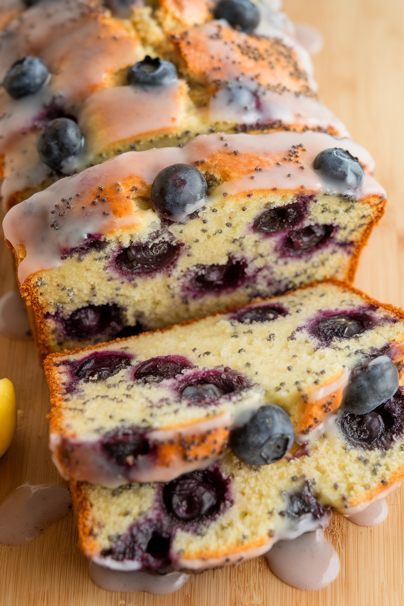 An indoor loaf sliced to show moist crumb studded with blueberries and poppy seeds, lemon glaze dripping down, no text or logos.