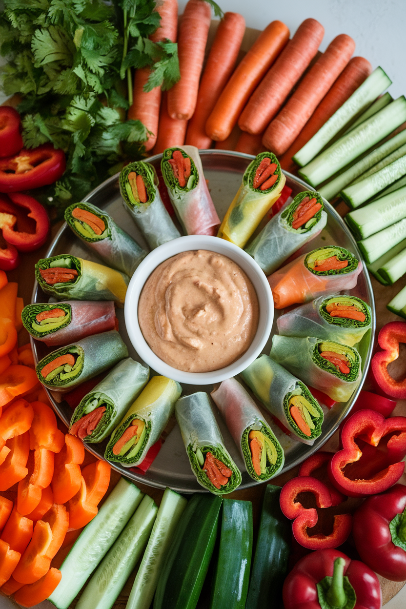 Photo of an indoor platter with colorful fresh spring rolls cut on a bias, hoisin-peanut dip in the center, vibrant indoor lighting; no text or logos.