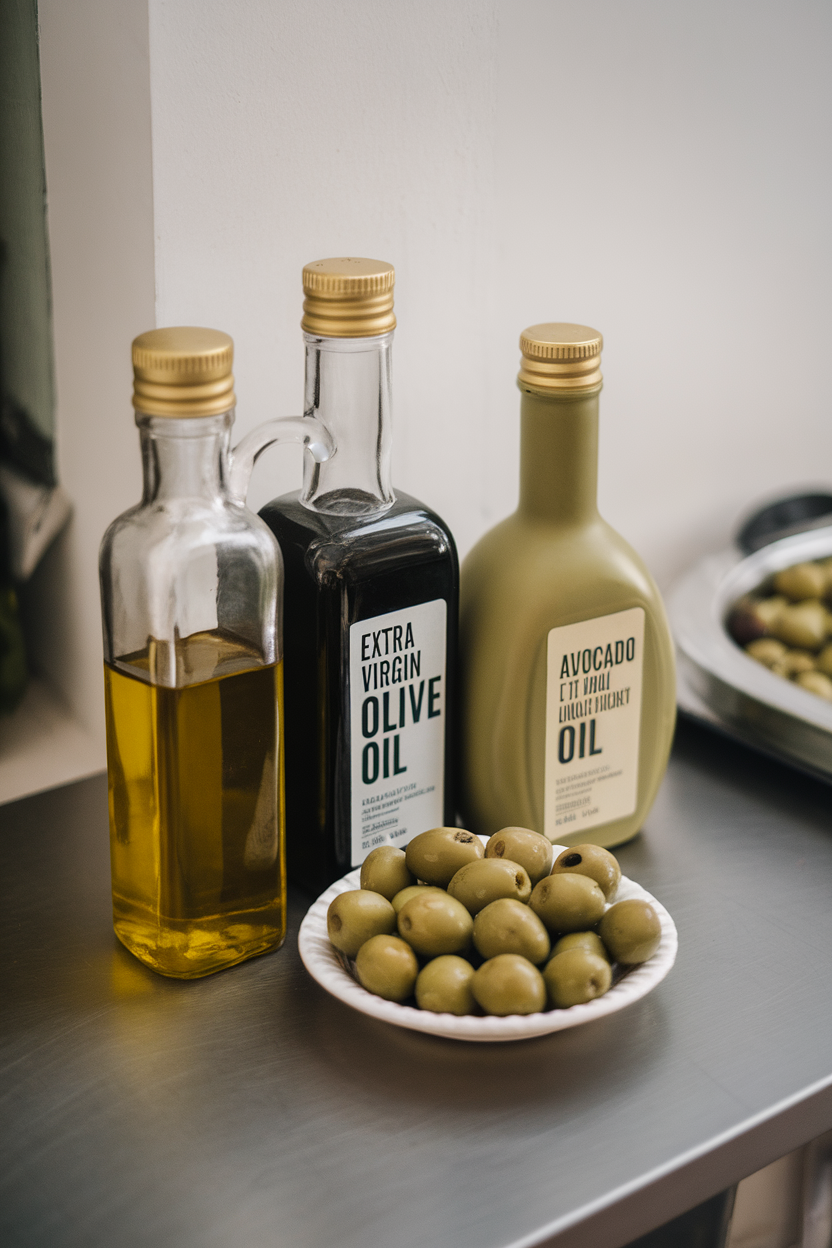 Photo of indoor glass bottles of extra-virgin olive oil and avocado oil beside a small dish of olives. No text or logos visible.