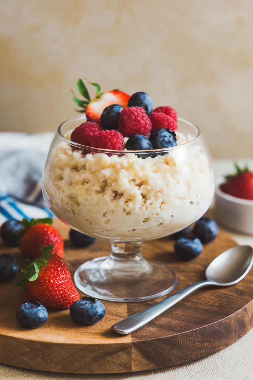 An indoor dessert bowl filled with creamy coconut rice pudding topped with mixed berries, spoon resting nearby. No text or logos.