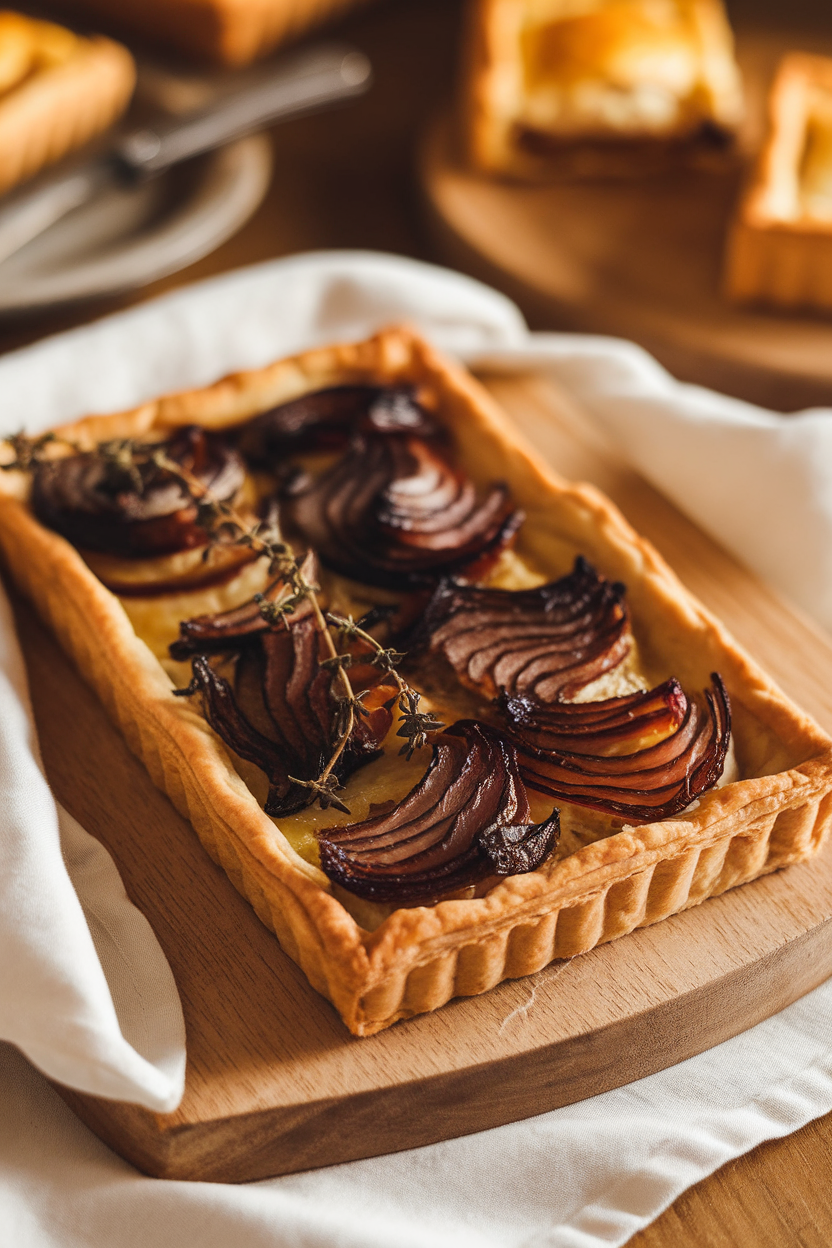 An indoor countertop featuring a rectangular puff pastry tart topped with deeply caramelized onions and thyme. No text or logos. Photo.