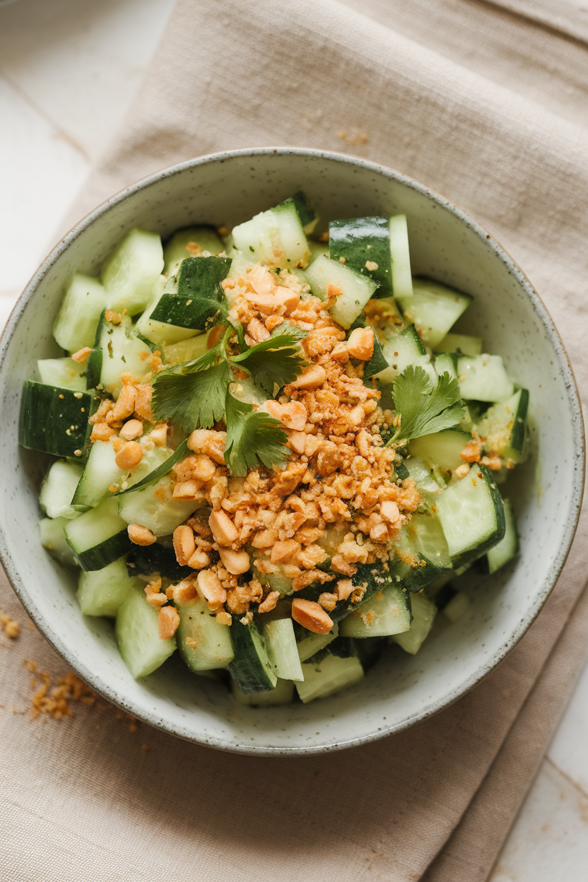 Photo prompt: An indoor bowl of diced cucumber salad sprinkled with roasted peanut crumbs and coriander, set on a cloth napkin. No text or logos.
