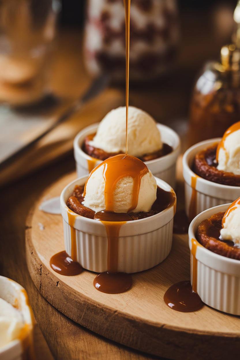 Warm indoor photo of individual ramekins of sticky toffee pudding topped with flowing caramel sauce and a scoop of vanilla ice cream; no text or logos.