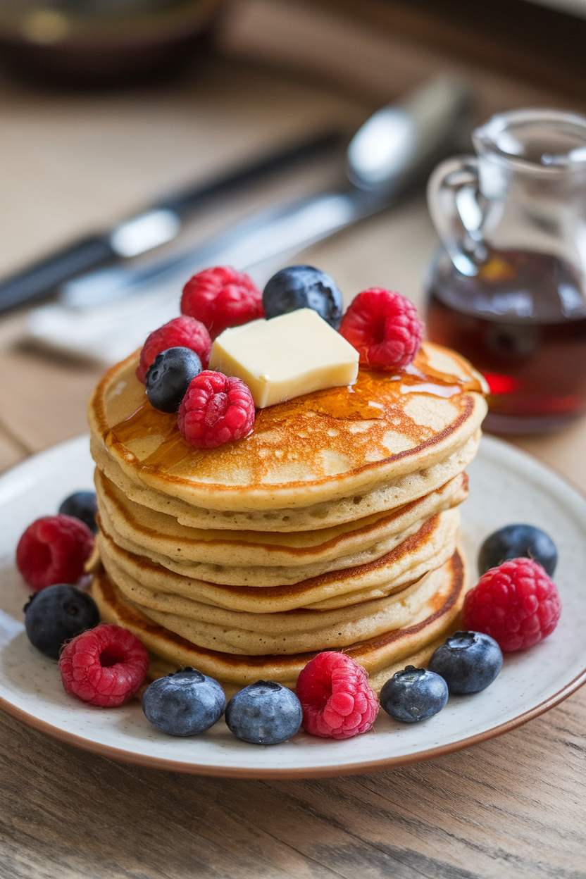 An indoor brunch scene showing a short stack of golden almond-flour pancakes topped with fresh berries and a pat of butter, small pitcher of sugar-free syrup nearby. No text or logos. Photo only.