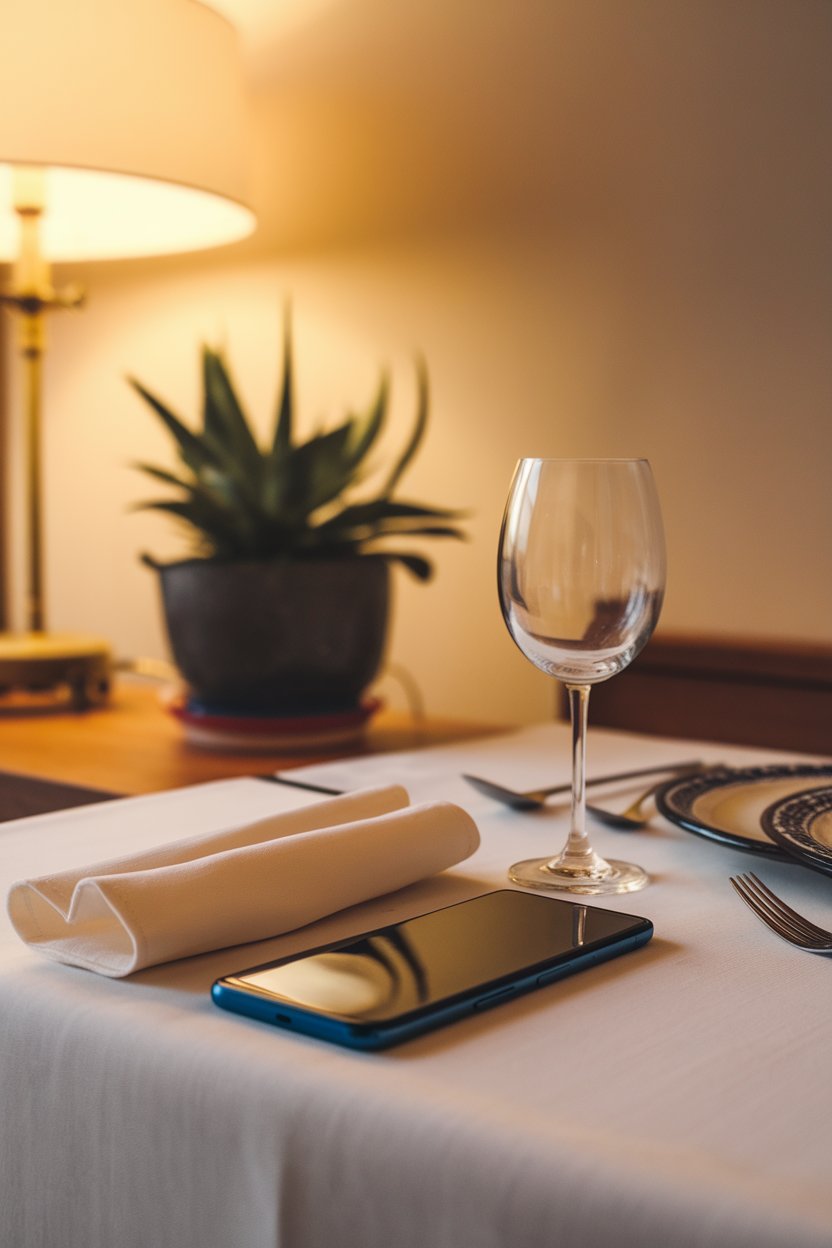 Photo of a mobile phone placed face-down next to a folded napkin on an indoor dining table. Warm light, no text or logos.