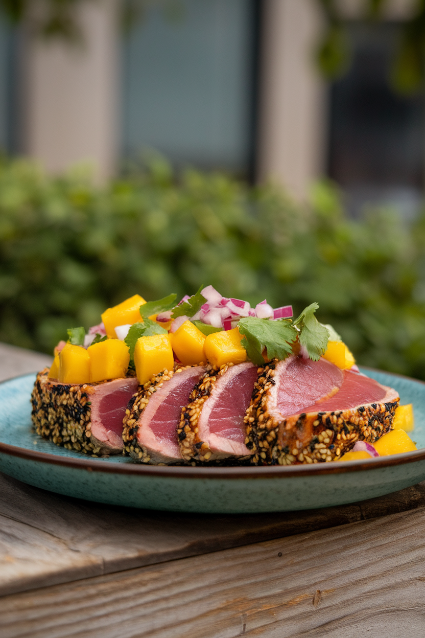 Photo of sesame-crusted tuna steaks seared and sliced, topped with chunky mango salsa, plated indoors. No text or logos.</Prompt
