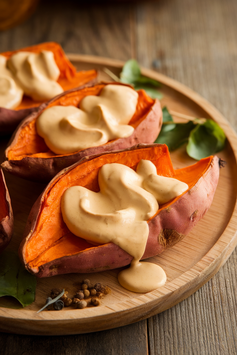 Roasted sweet potato halves drizzled with creamy tahini sauce on a platter indoors. No text or logos.