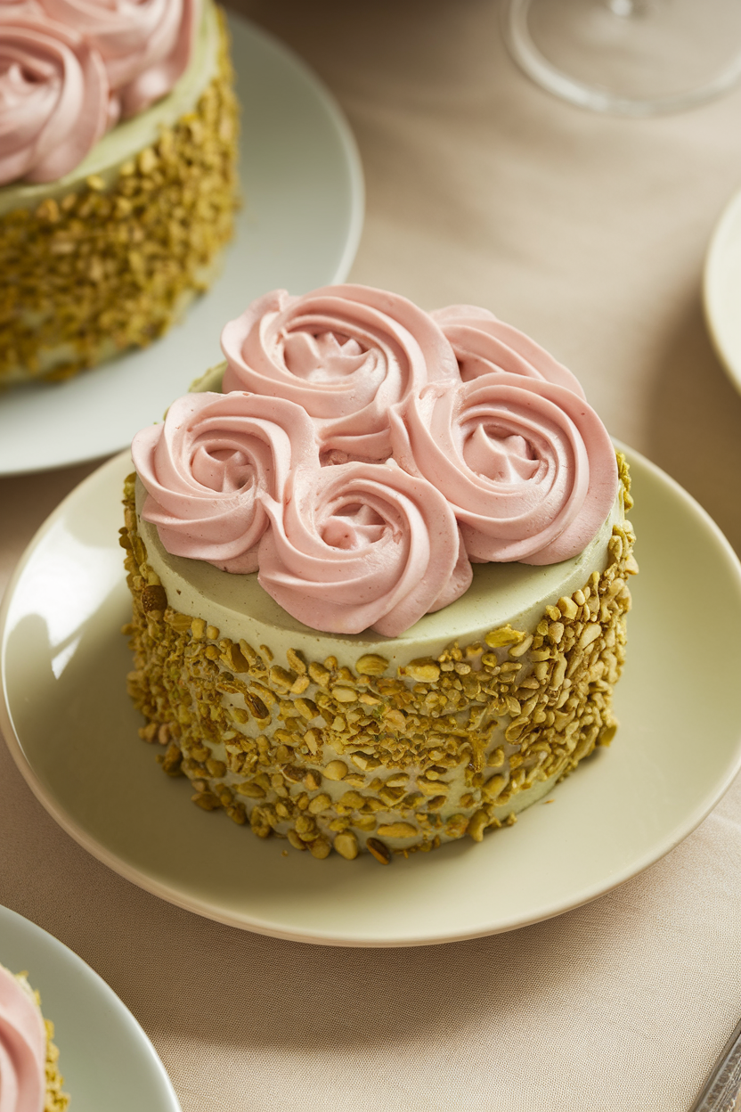 A softly lit indoor plate featuring a pale green cake slice studded with pistachios, subtle pink rose buttercream ruffles on top. No text or logos. Photo, not illustration.