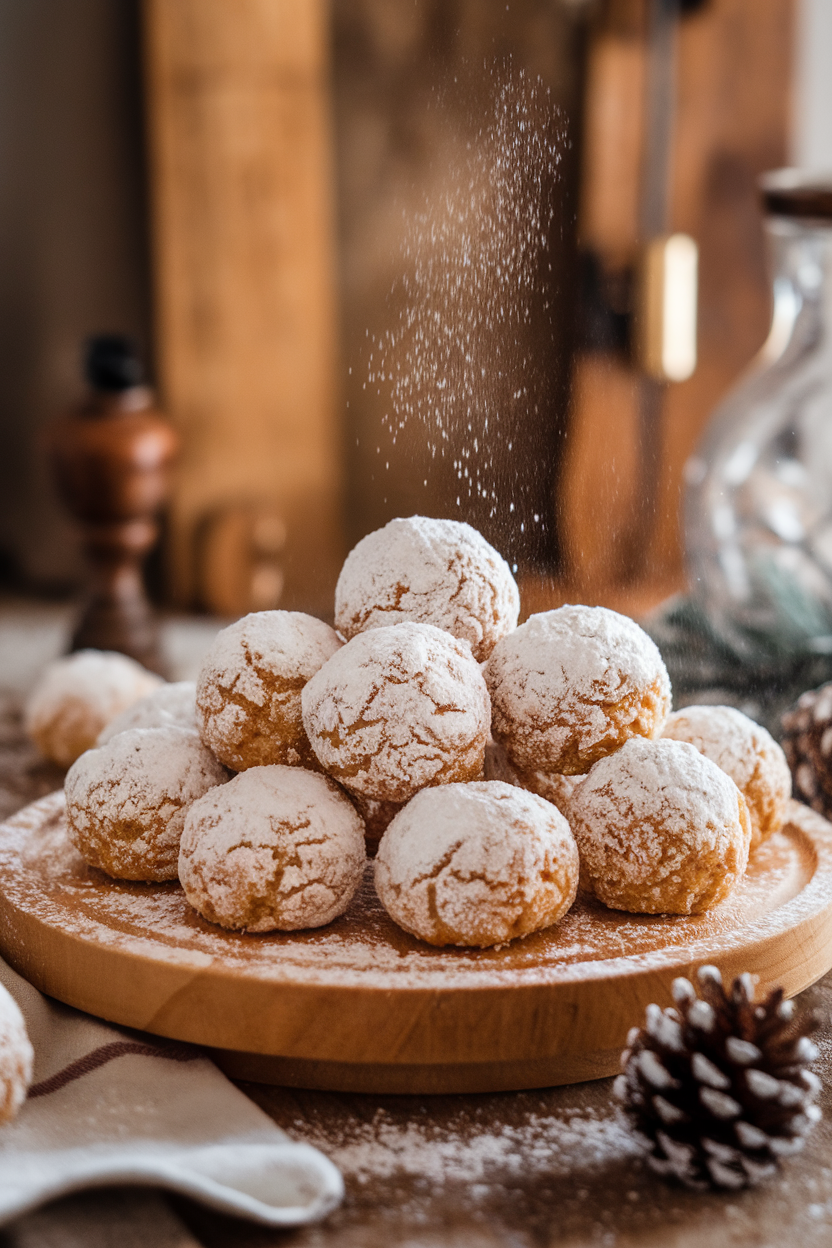 Almond flour snowball cookies dusted in powdered sugar on a wooden indoor board. No text or logos.</Prompt