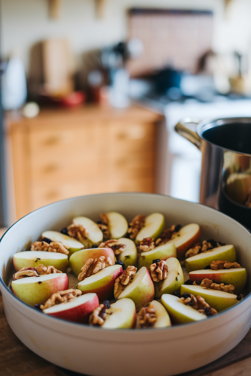 A white baking dish indoors containing halved apples stuffed with chopped walnuts and raisins, juices bubbling. Photo, no text or logos.