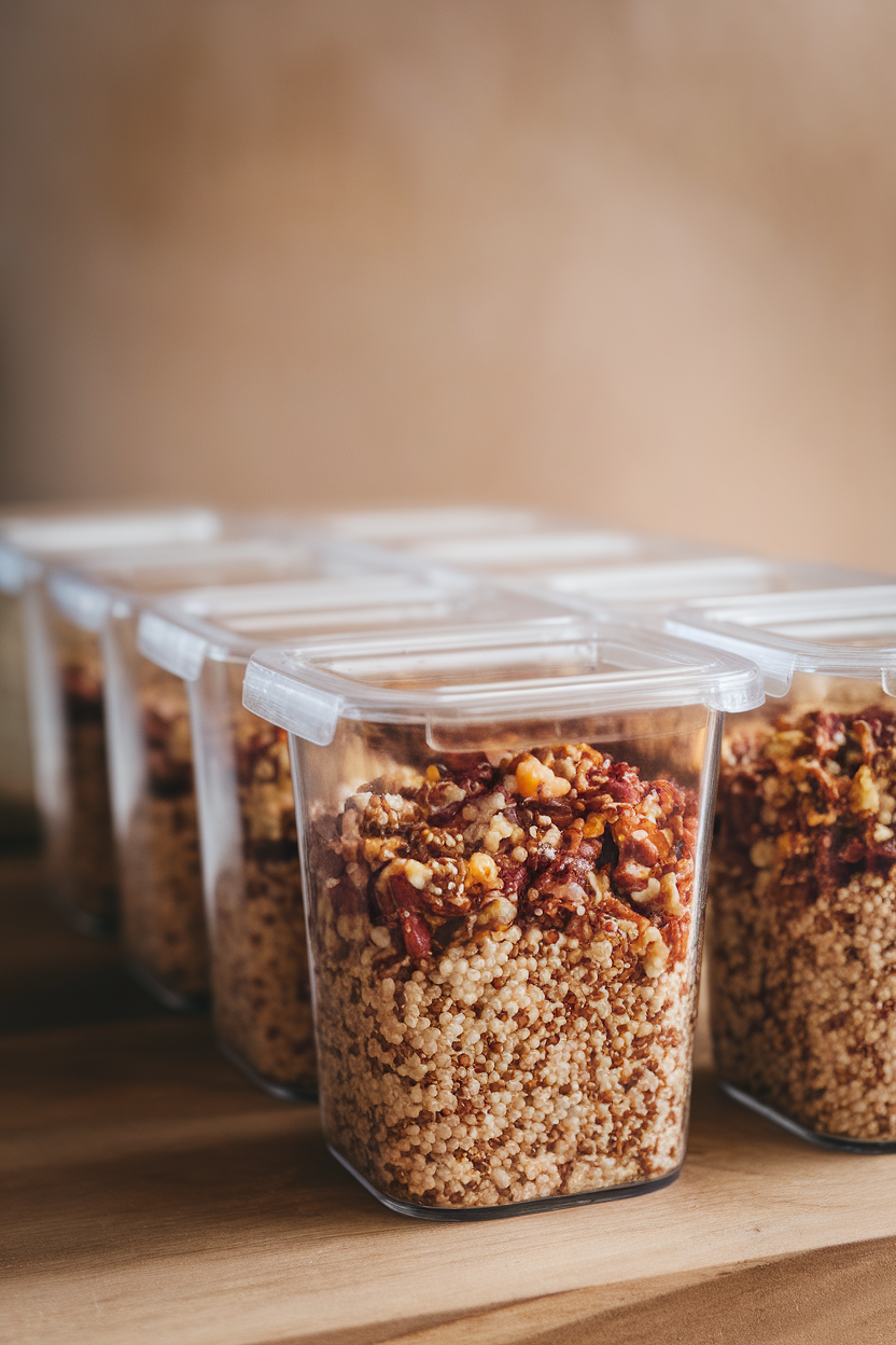 Cooked quinoa and farro portioned into meal-prep containers, indoor photo, no text or logos
