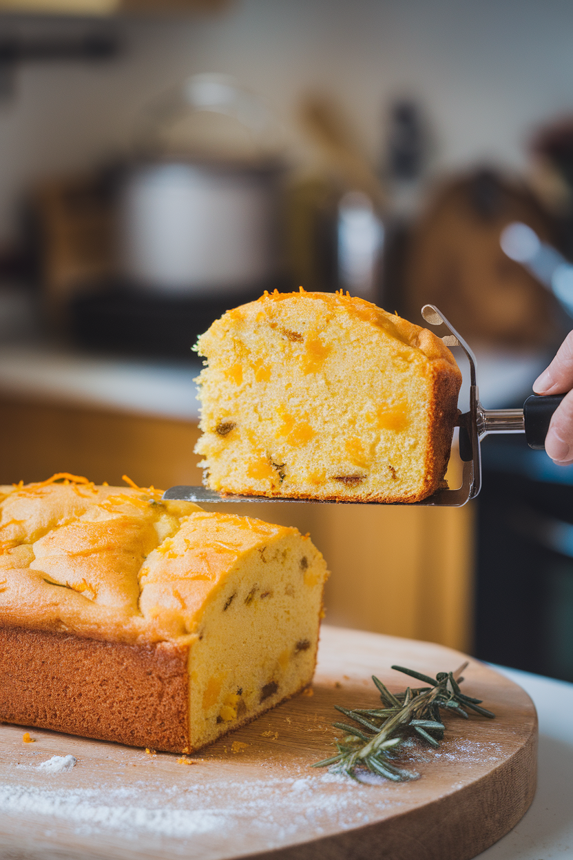 An indoor cake slicer lifting a wedge from a loaf cake speckled with orange zest and rosemary—no text or logos; photo, not illustration