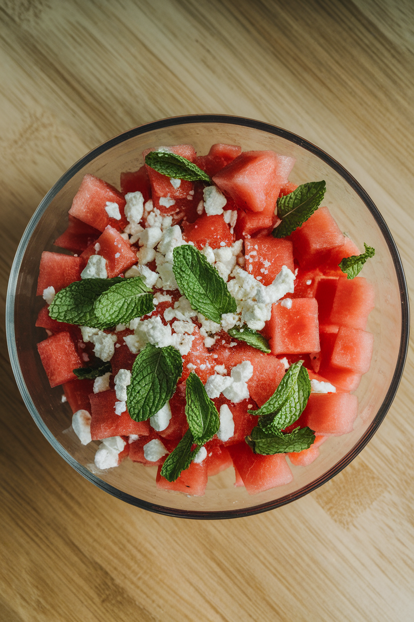 Indoor photo of cubed watermelon tossed with crumbled feta and torn mint leaves in a clear glass bowl; overhead daylight, no text or logos