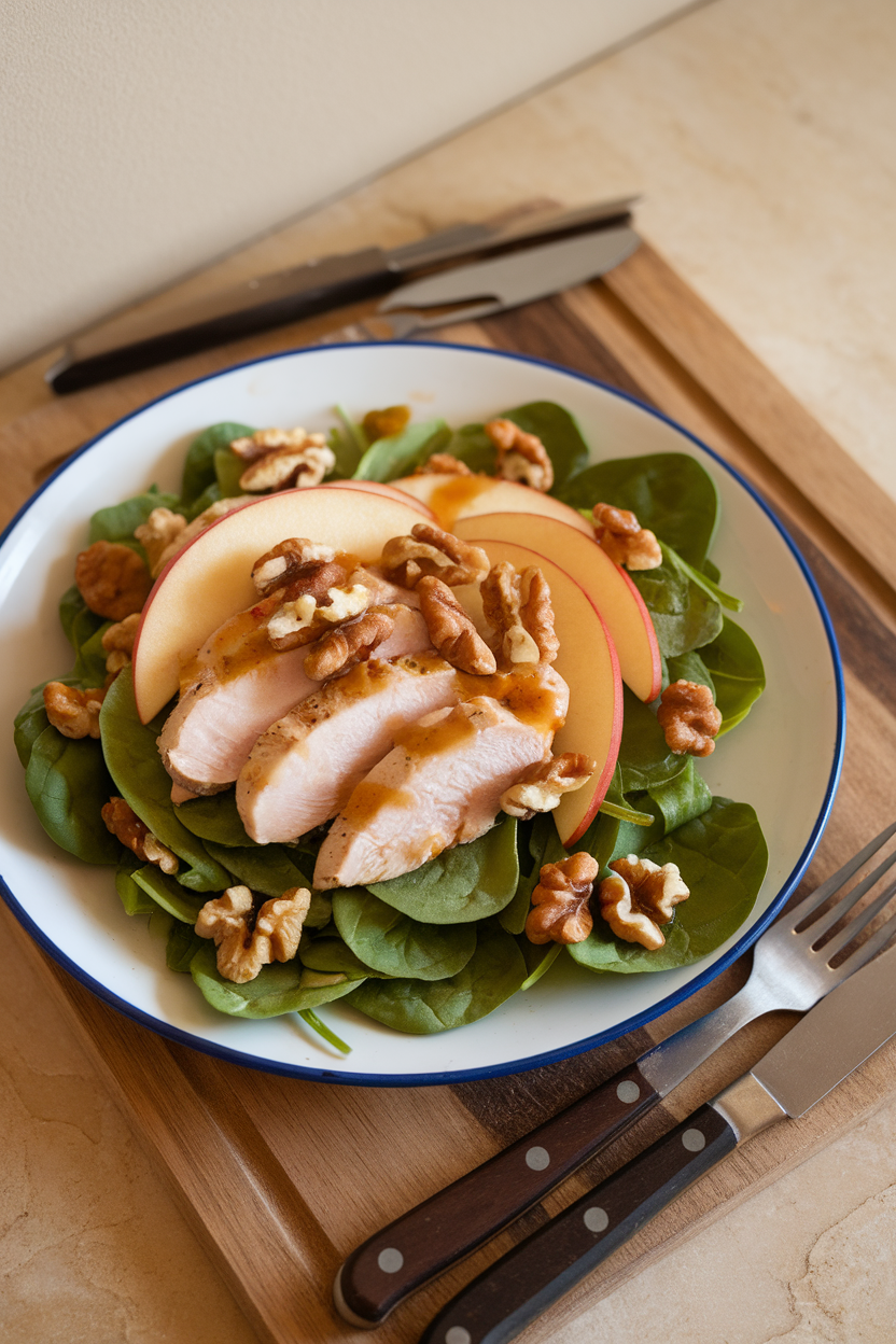 An indoor dining table featuring a salad plate of baby spinach topped with sliced chicken breast, thin apple wedges, toasted walnuts, and a drizzle of vinaigrette — no text or logos