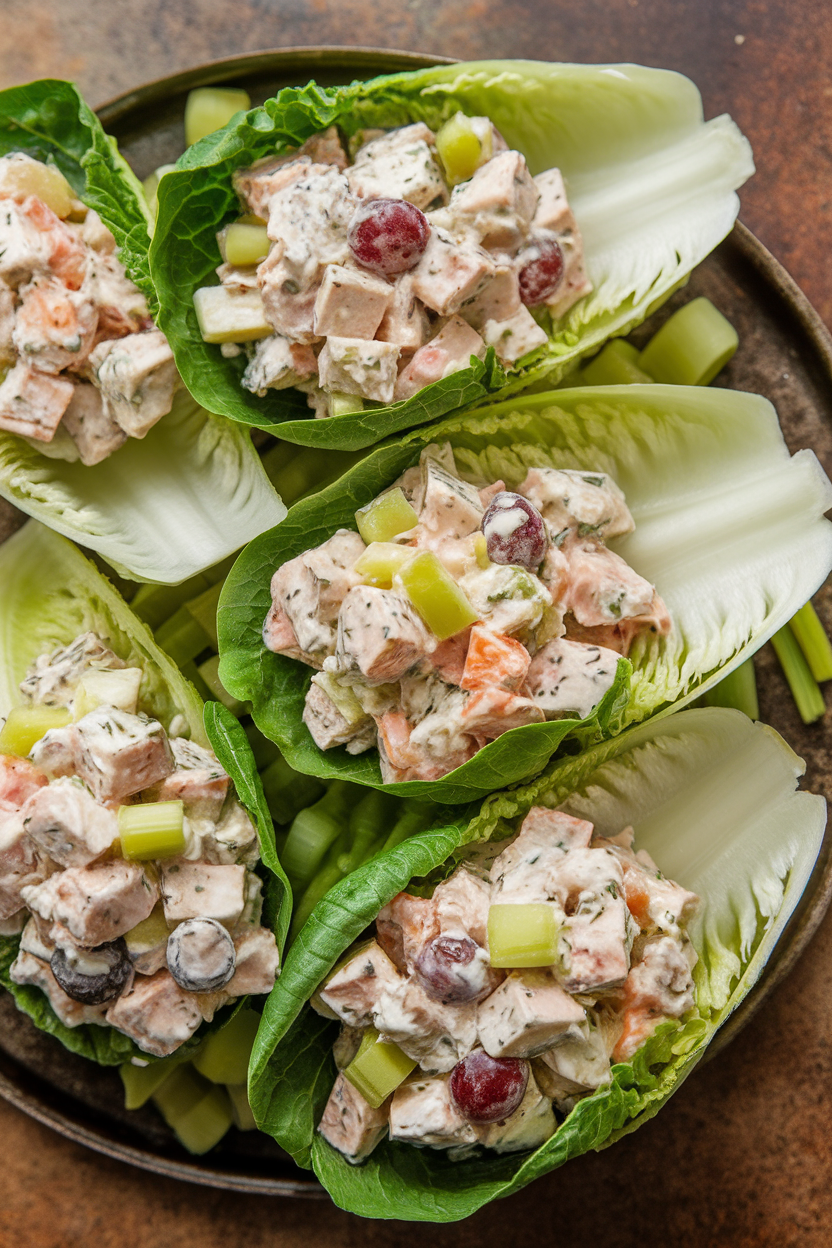 Photo of romaine leaves filled with diced chicken salad made with Greek yogurt, grapes, and celery, arranged on an indoor platter. No text or logos.</Prompt