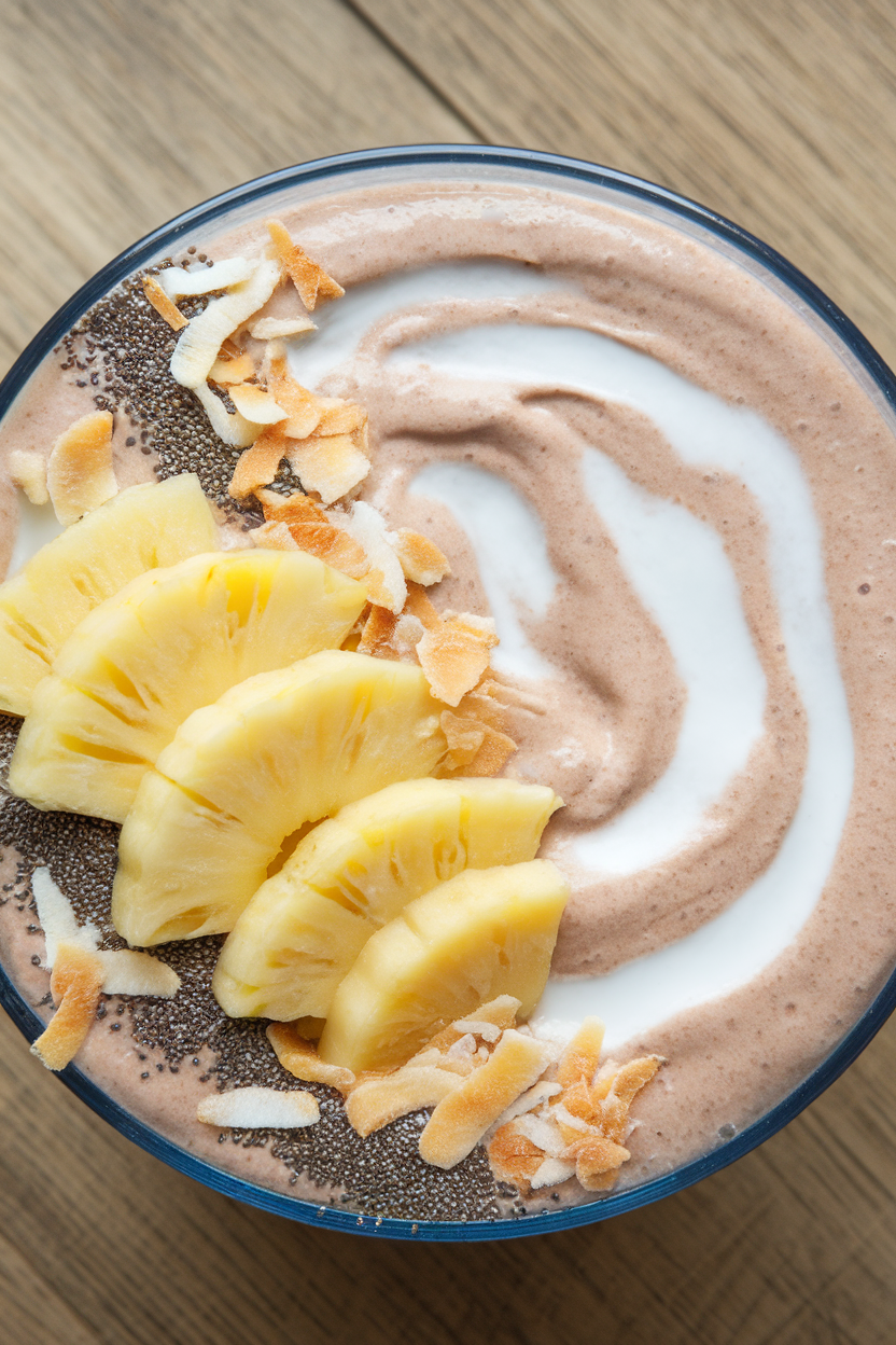 Indoor overhead photo of a thick smoothie bowl swirled with coconut milk, topped with sliced pineapple, chia seeds, and toasted coconut flakes, no text or logos.