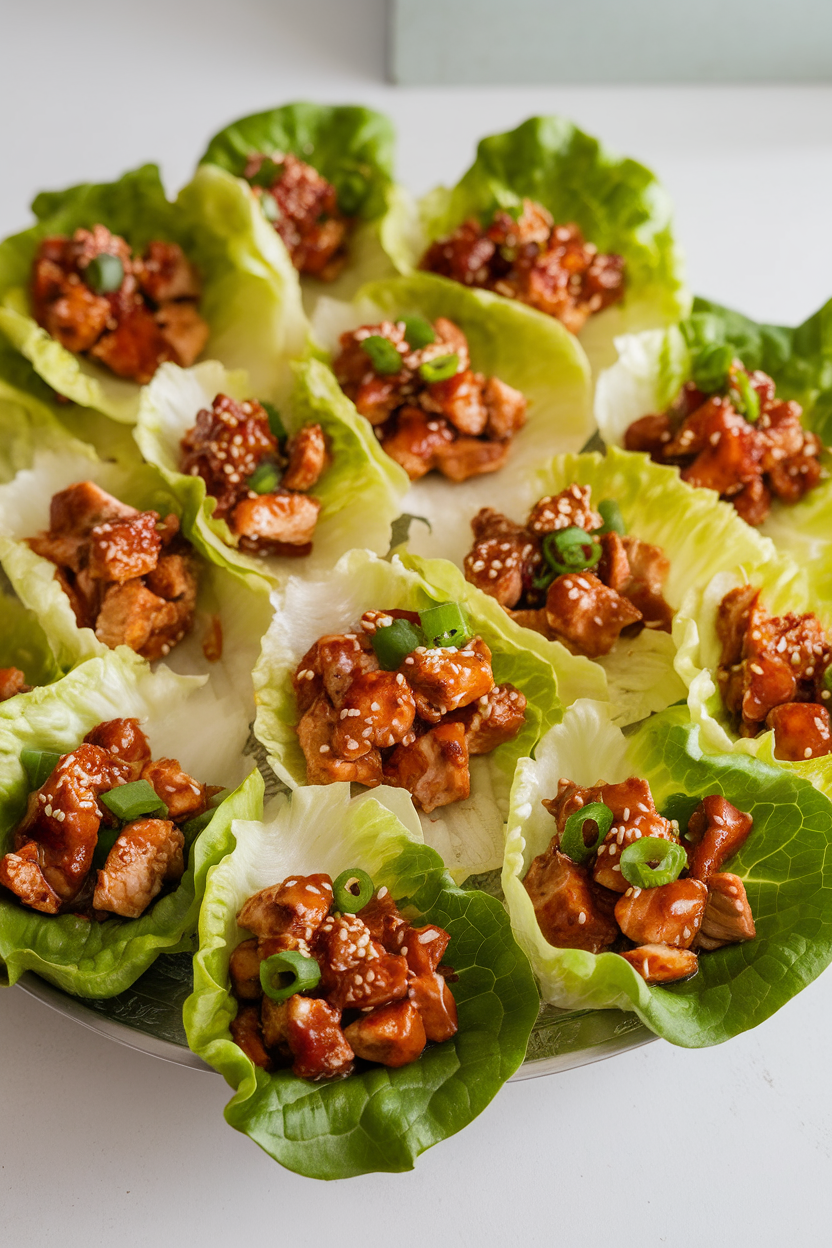 An indoor platter of butter lettuce leaves filled with diced chicken breast in a sesame-ginger glaze, garnished with scallions—photo, no text or logos.