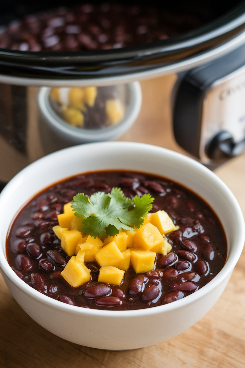 Indoor photo of dark black bean soup topped with diced mango and cilantro, crockpot in background, no text or logos.