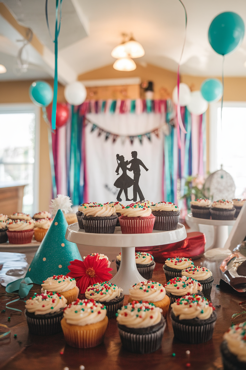 Photo of indoor party table with cupcakes showered in red, green, and white jimmies over vanilla frosting, no text or logos.