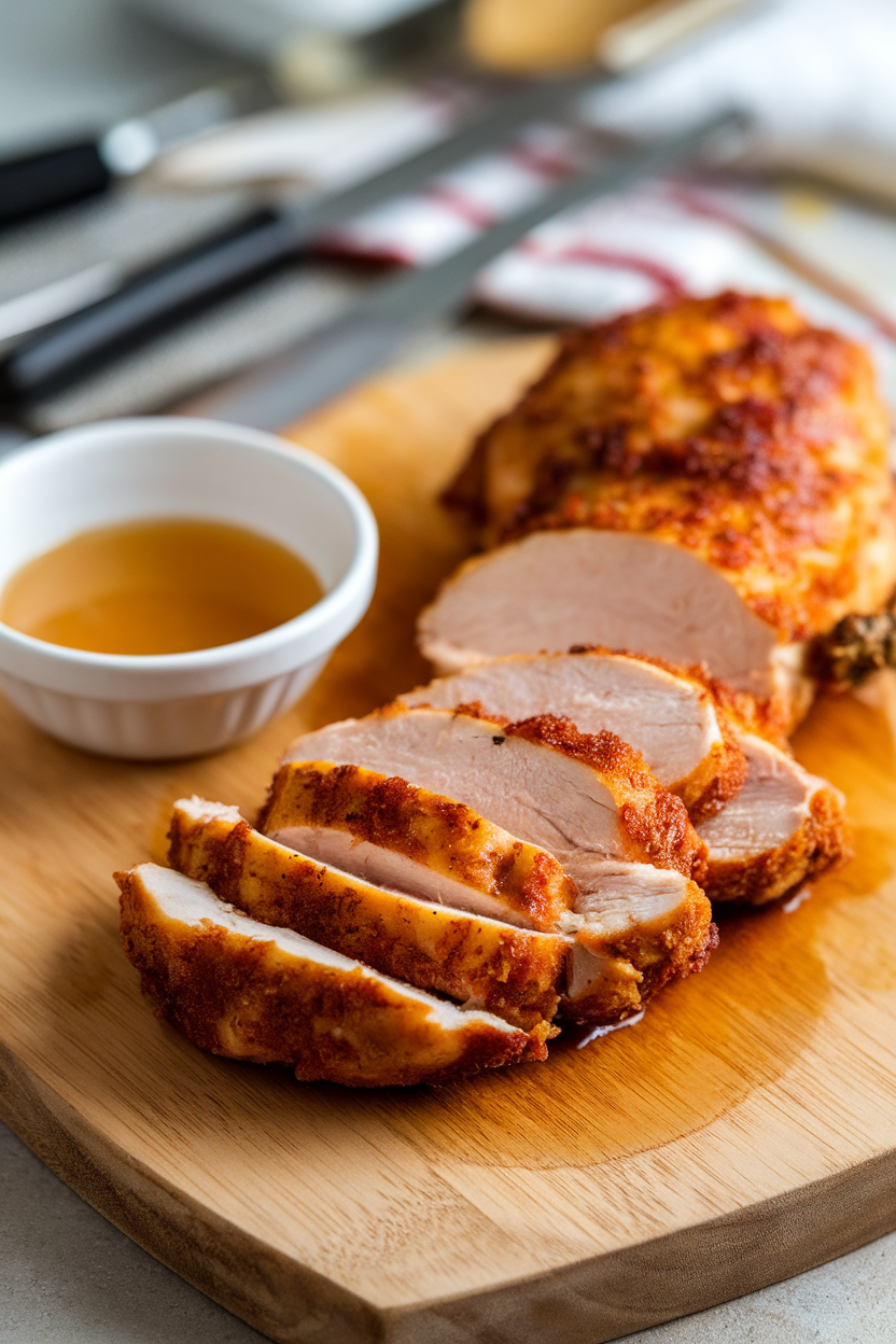 Indoor wooden cutting board with juicy sliced air-fried chicken breast, small bowl of apple cider glaze nearby, 45-degree shot. No text or logos.