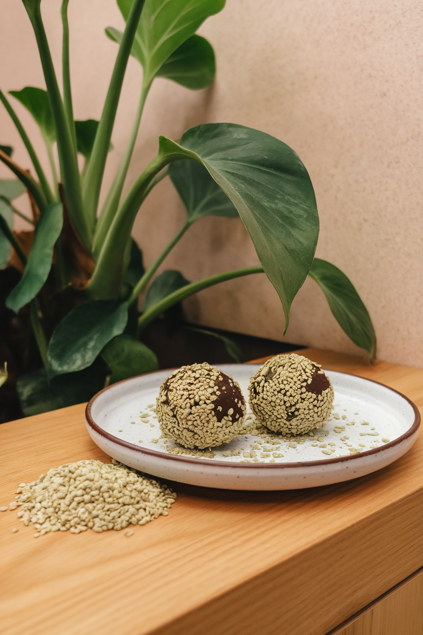 Photo of an indoor breakfast bar scene featuring dark cacao energy balls rolled in pale green hemp hearts. No text or logos.