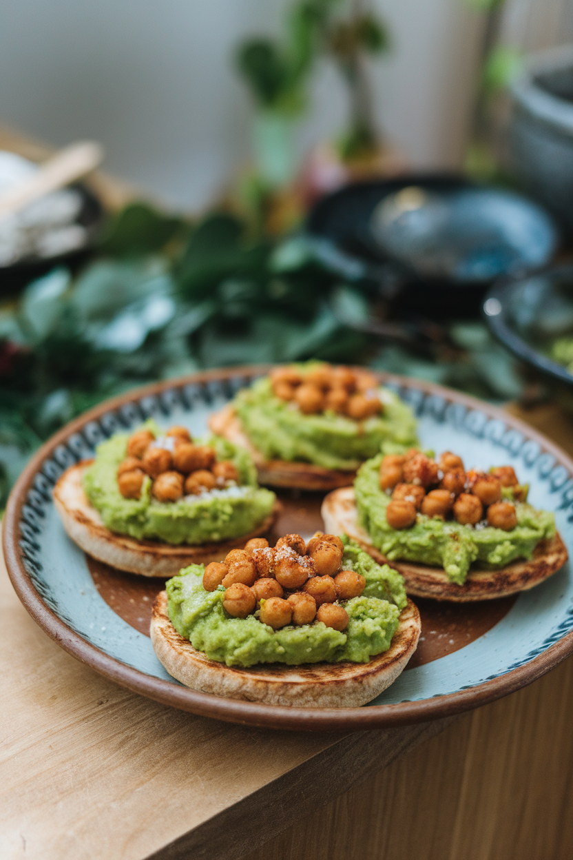 Indoor photo of toasted pita rounds topped with smashed avocado and roasted chickpeas, arranged on a ceramic plate. No text or logos.