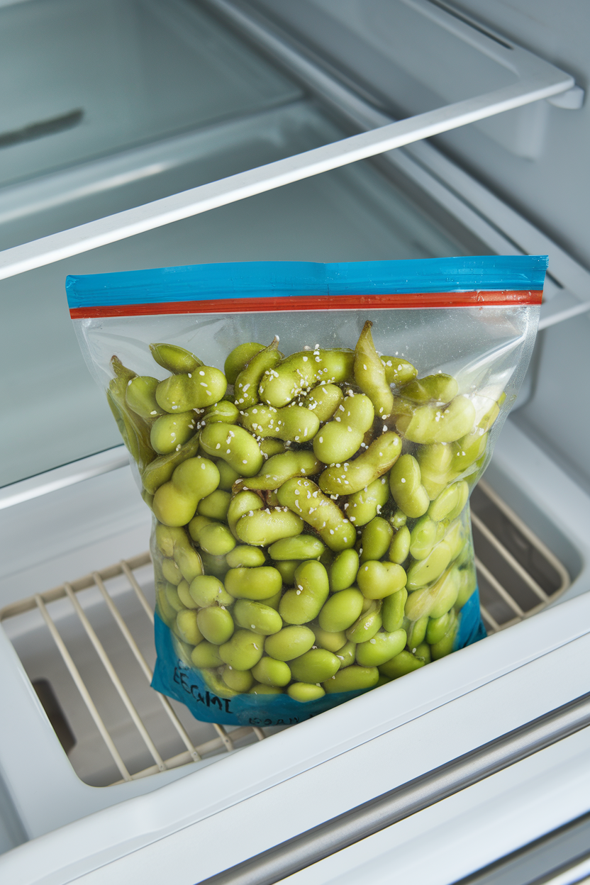 Photo, indoor refrigerator drawer with a zip bag of bright green cooked edamame beans, no logos.