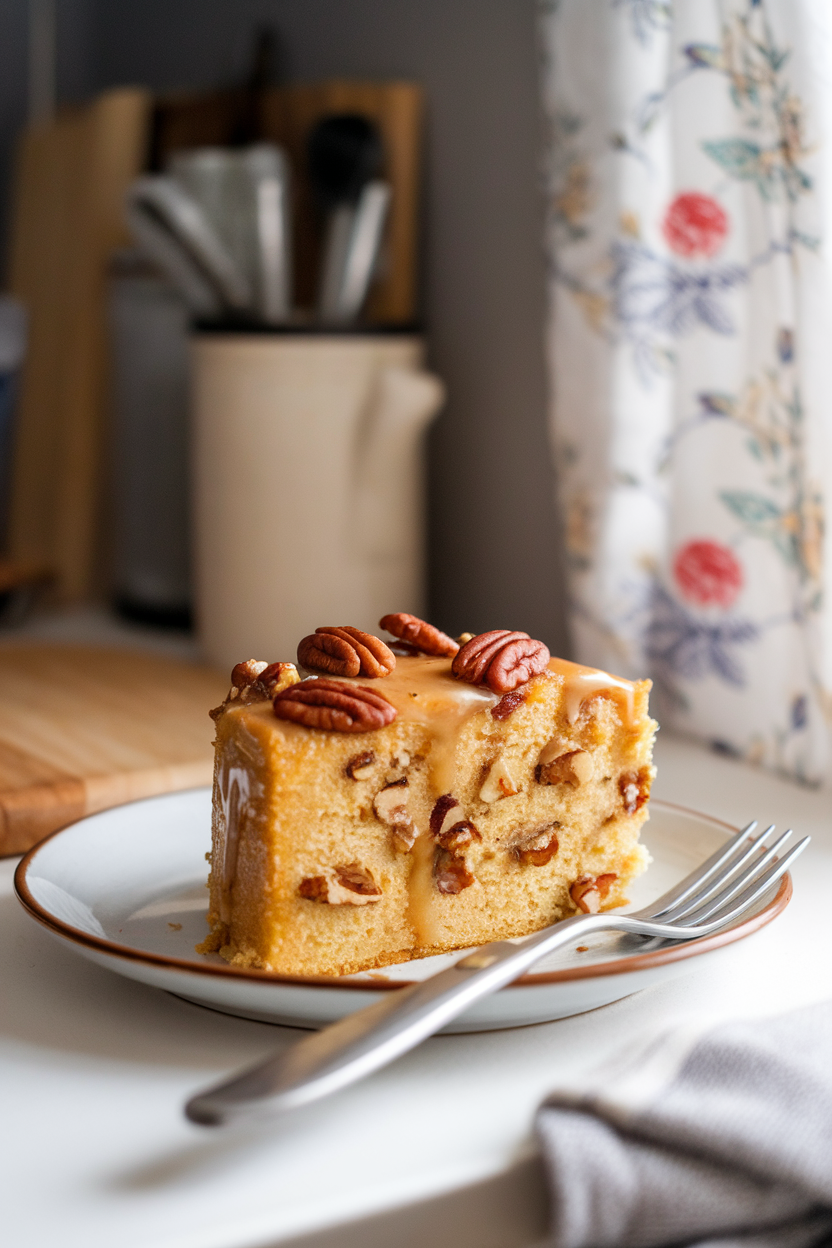 A cozy indoor kitchen scene showing a golden butter cake slice studded with toasted pecans, maple glaze pooling slightly on the plate. No text or logos. Photo, not illustration.