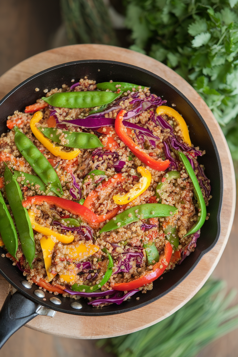 Overhead indoor shot of a skillet filled with colorful stir-fried vegetables—snap peas, bell peppers, purple cabbage—mixed with quinoa. No text or logos present. Photo only.