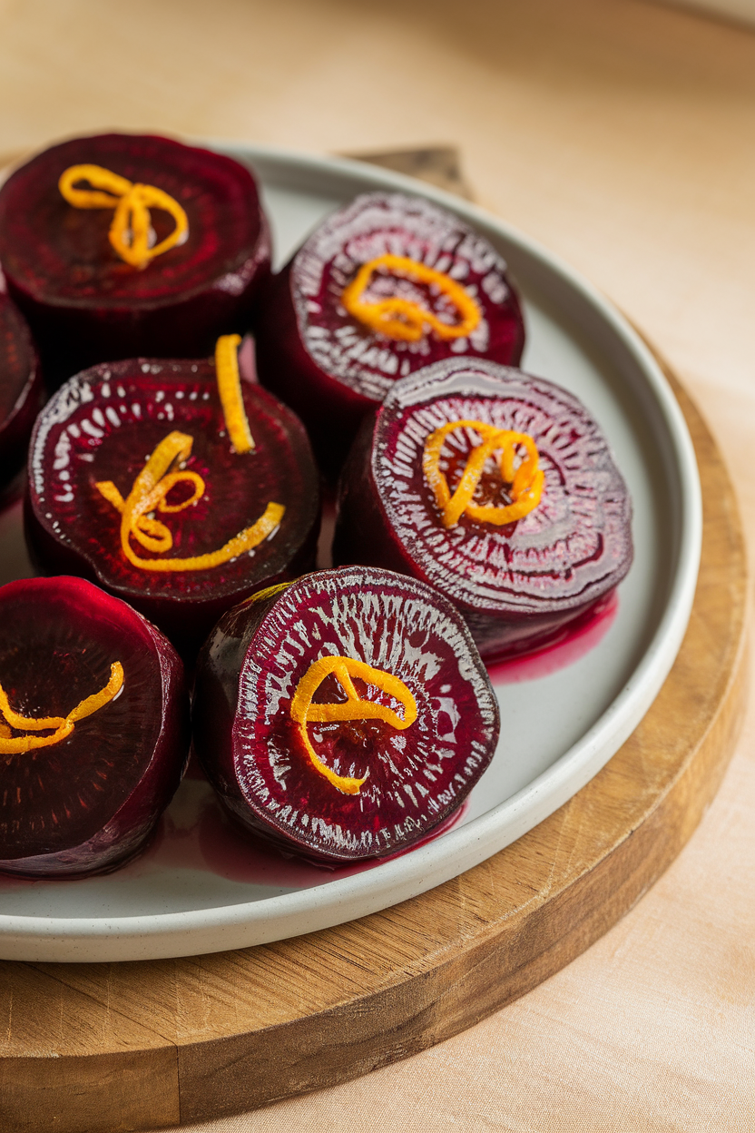 Indoor photo of glossy beet rounds glazed with orange juice reduction, garnished with zest strips. No text or logos.