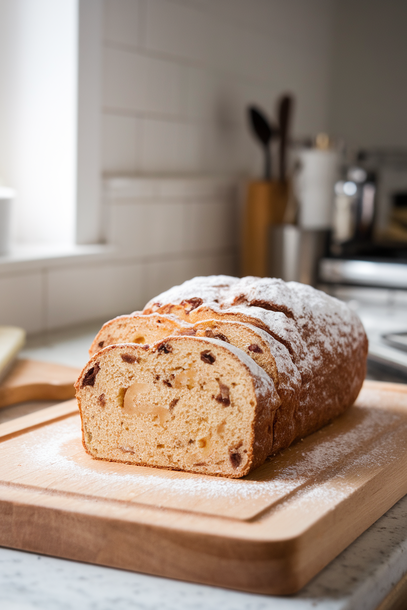 A sliced loaf of stollen on a cutting board, marzipan seam visible, dusted generously with powdered sugar in a softly lit kitchen. No text or logos.