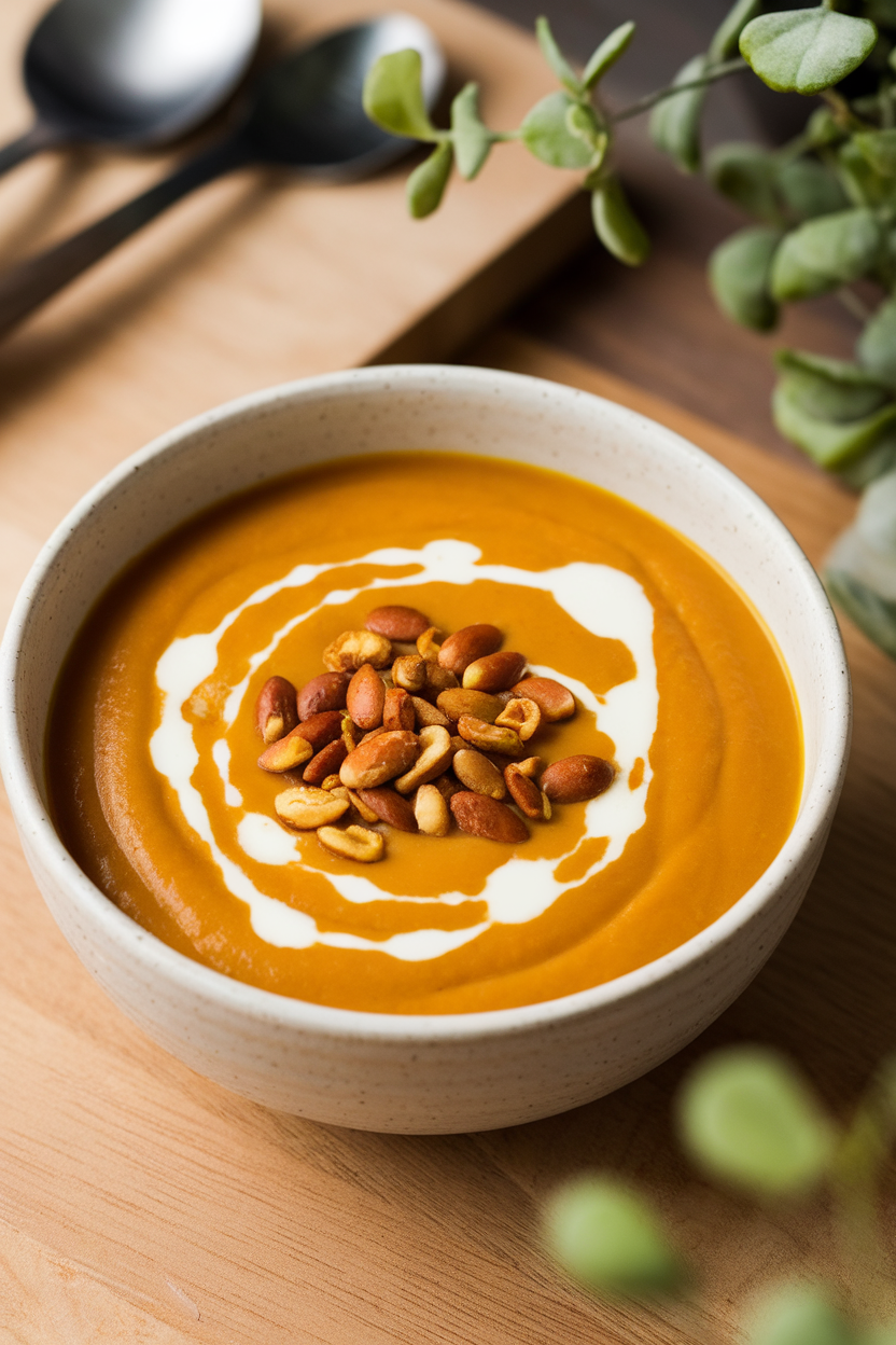 Photo of creamy pumpkin soup in a bowl topped with toasted pepitas and a drizzle of cream, indoor setting, no text or logos.