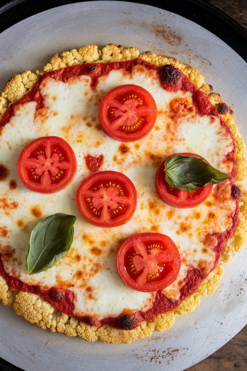 An indoor pizza stone with a round cauliflower crust topped with melted mozzarella, tomato slices, and basil leaves. Photo, no text or logos.