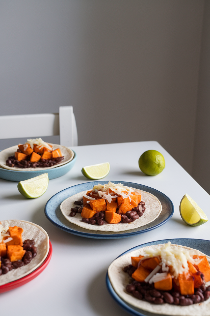 An indoor dining table with corn tortillas filled with roasted sweet potato cubes, black beans, and a sprinkle of cheese; lime wedges on the side, no text or logos, photo not illustration.