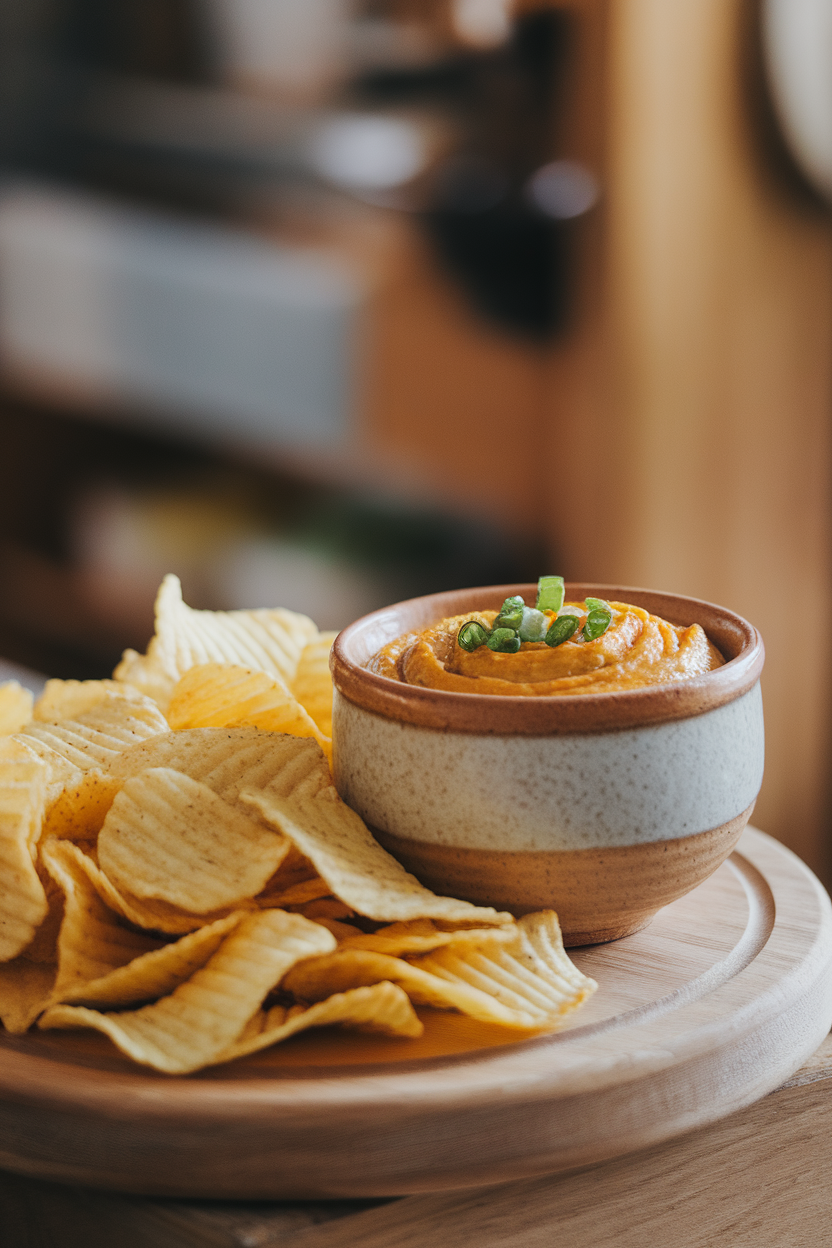 Indoor ceramic bowl of golden caramelized onion dip beside a mound of ridge-cut kettle chips; no text or logos