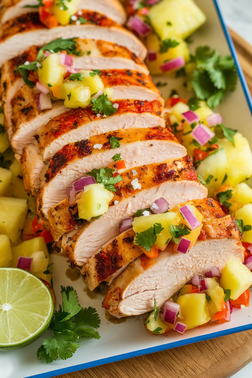 Photo of sliced grilled chicken breast topped with fresh pineapple salsa on an indoor platter, no text or logos