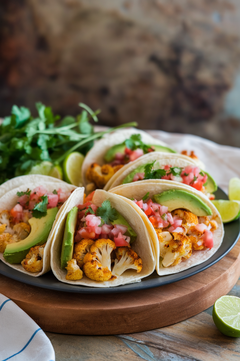 Indoor photo of soft corn tortillas filled with spiced roasted cauliflower, avocado slices, and pico de gallo on a platter; no text or logos.
