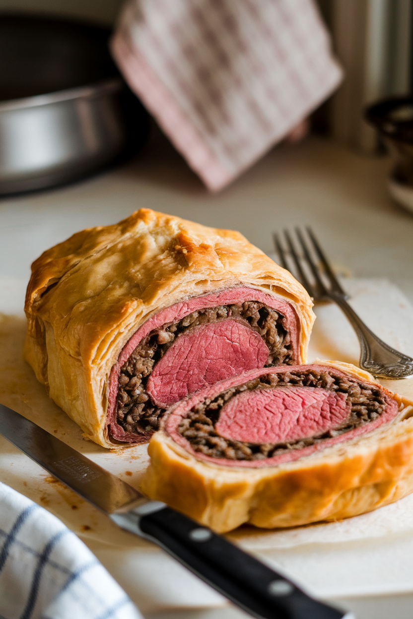 A softly lit indoor kitchen counter featuring a sliced beef Wellington, medium-rare center wrapped in flaky pastry, mushroom duxelles visible, photo, no text or logos.