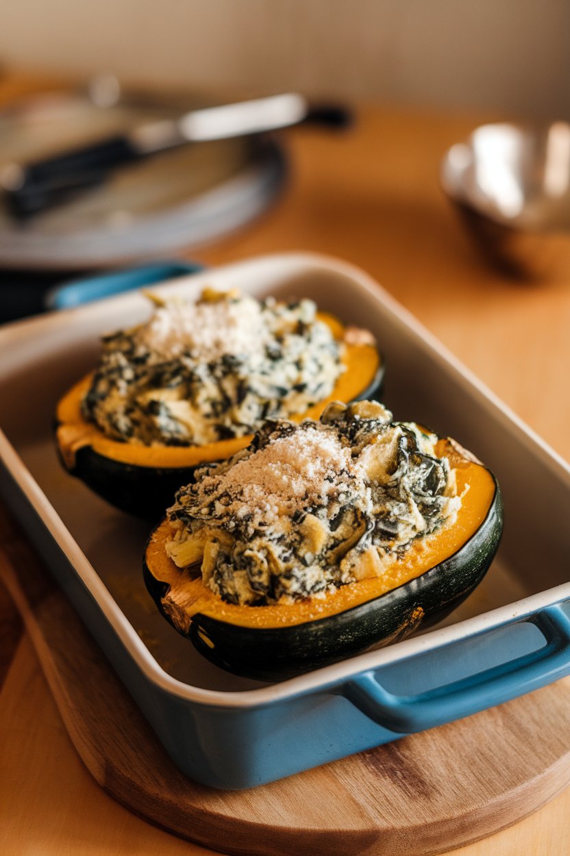 Indoor baking dish featuring halved acorn squash filled with creamy spinach-artichoke mixture; warm light, no text or logos.