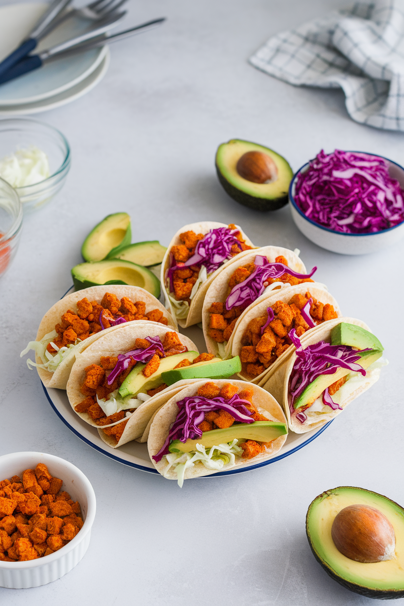An indoor table with small tortillas filled with spiced tofu crumbles, bright cabbage slaw, and avocado slices. No text or logos present. Photo.