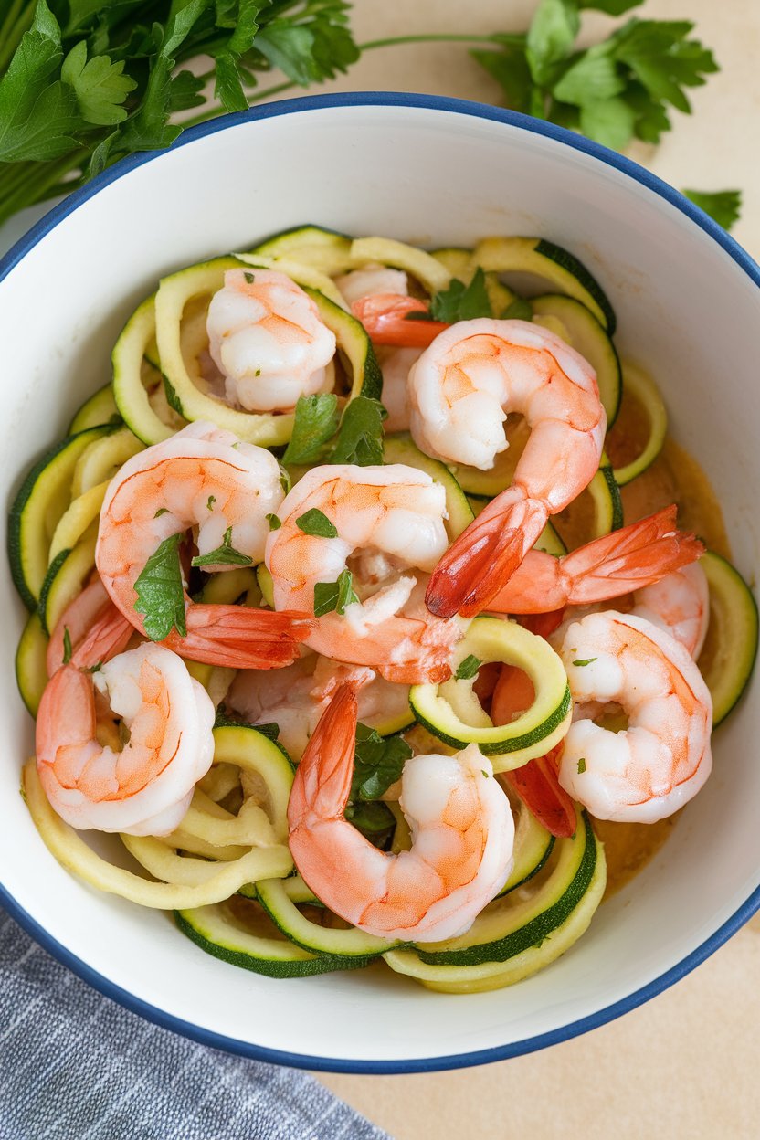 An indoor dinner bowl showing cooked shrimp and spiralized zucchini in a light garlic sauce, topped with parsley. No logos or text.